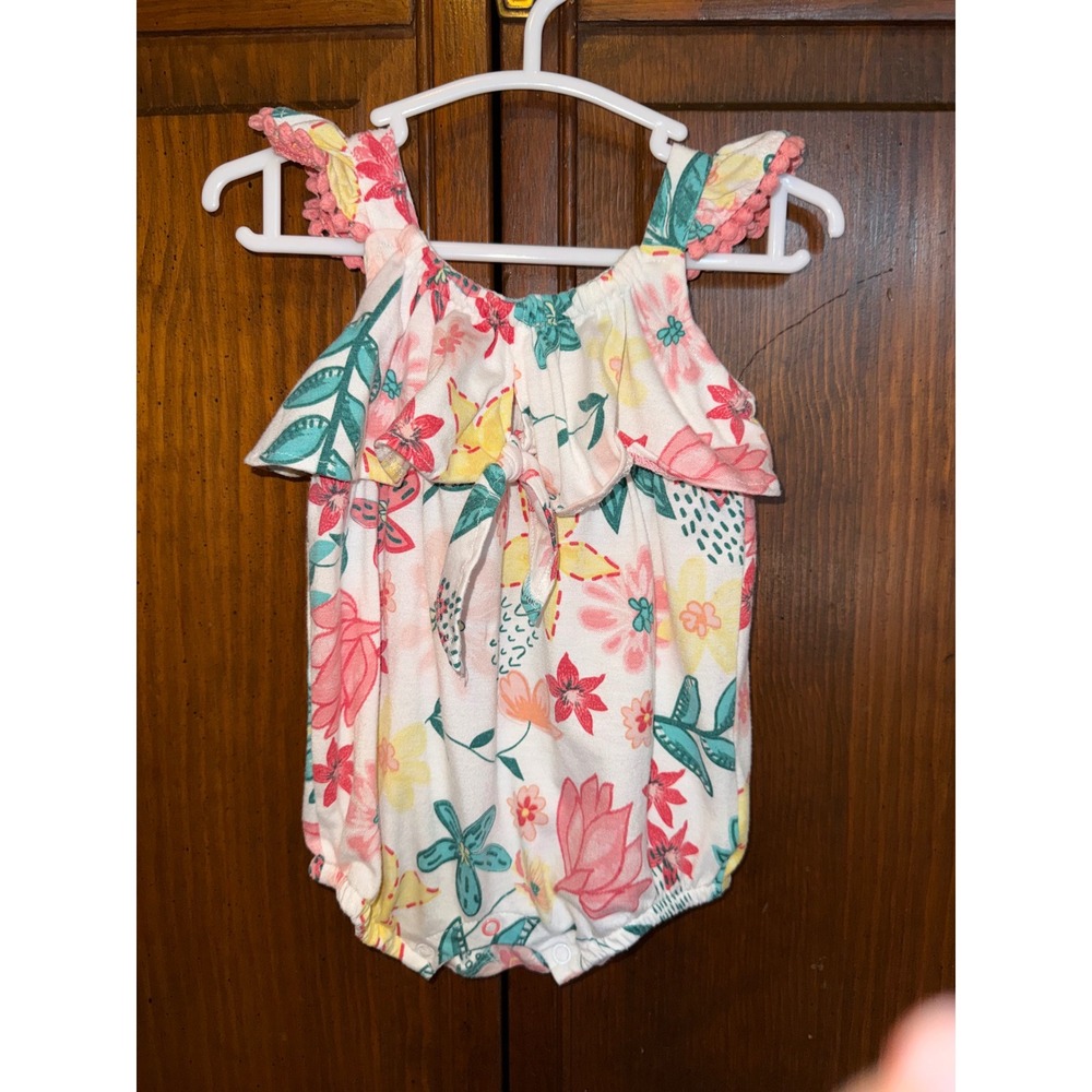 Jessica Simpson Baby Girl Floral Romper Pom Pom Trim Pink Teal 3-6M